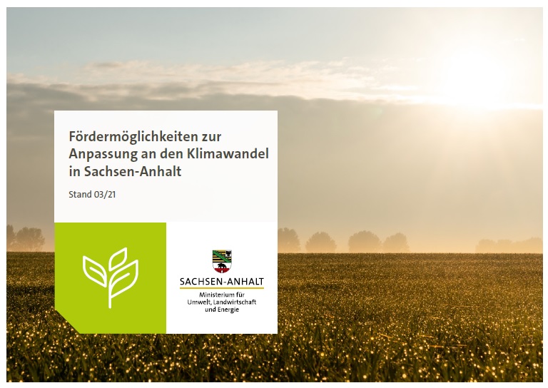Deckblatt der Übersicht über die Fördermöglichkeiten zur Anpassung an den Klimawandel in Sachsen-Anhalt (Stand März 2021)