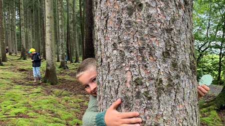 Junge umarmt Baumstamm