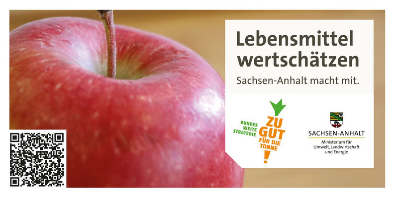 Apfel und Werbebotschaft "Lebensmittel wertschätzen - Sachsen-Anhalt macht mit!"