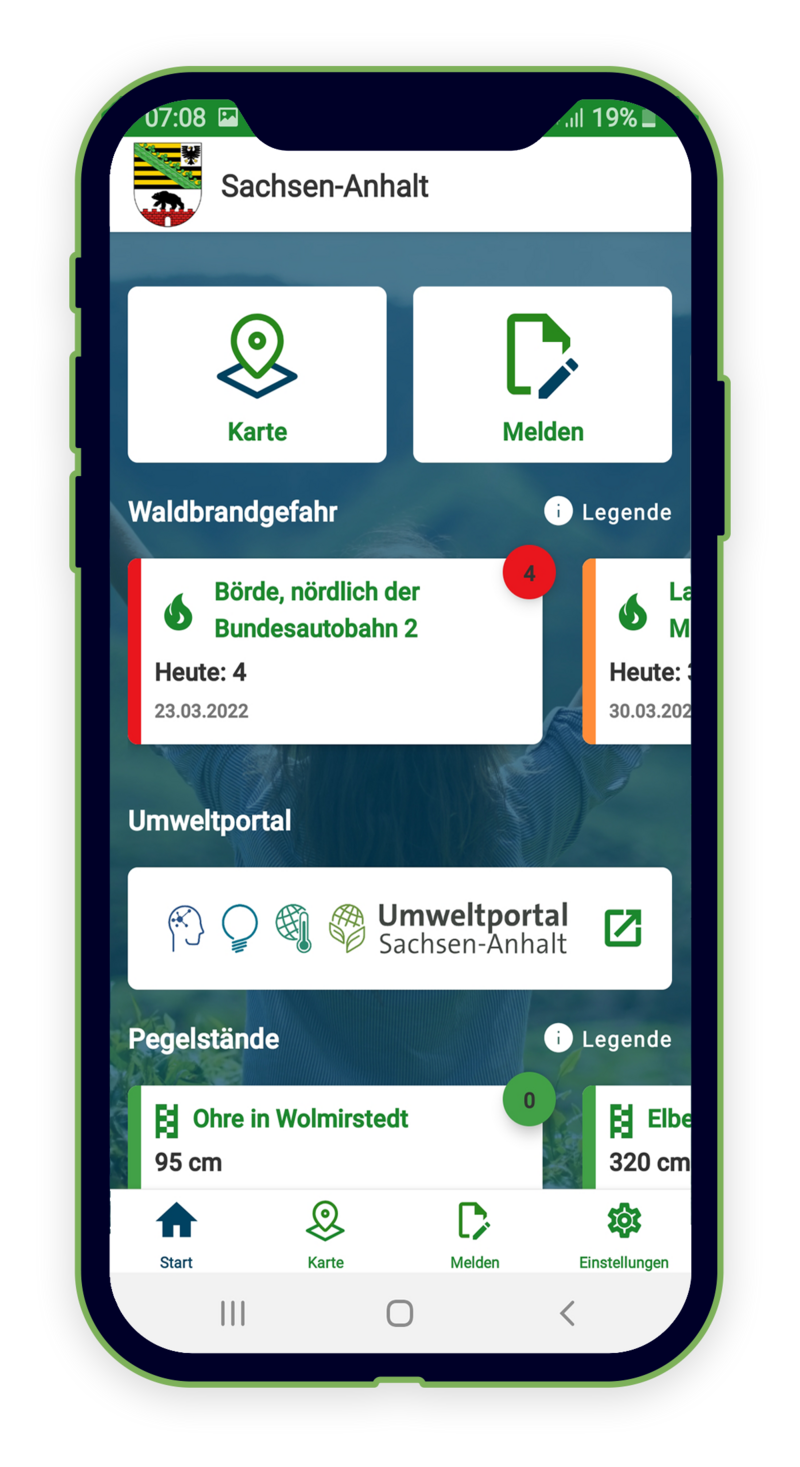 Startseite der APP "Meine Umwelt" für Sachsen-Anhalt