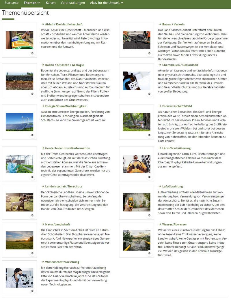Übersicht der 13 Themenkategorien im Umweltportal